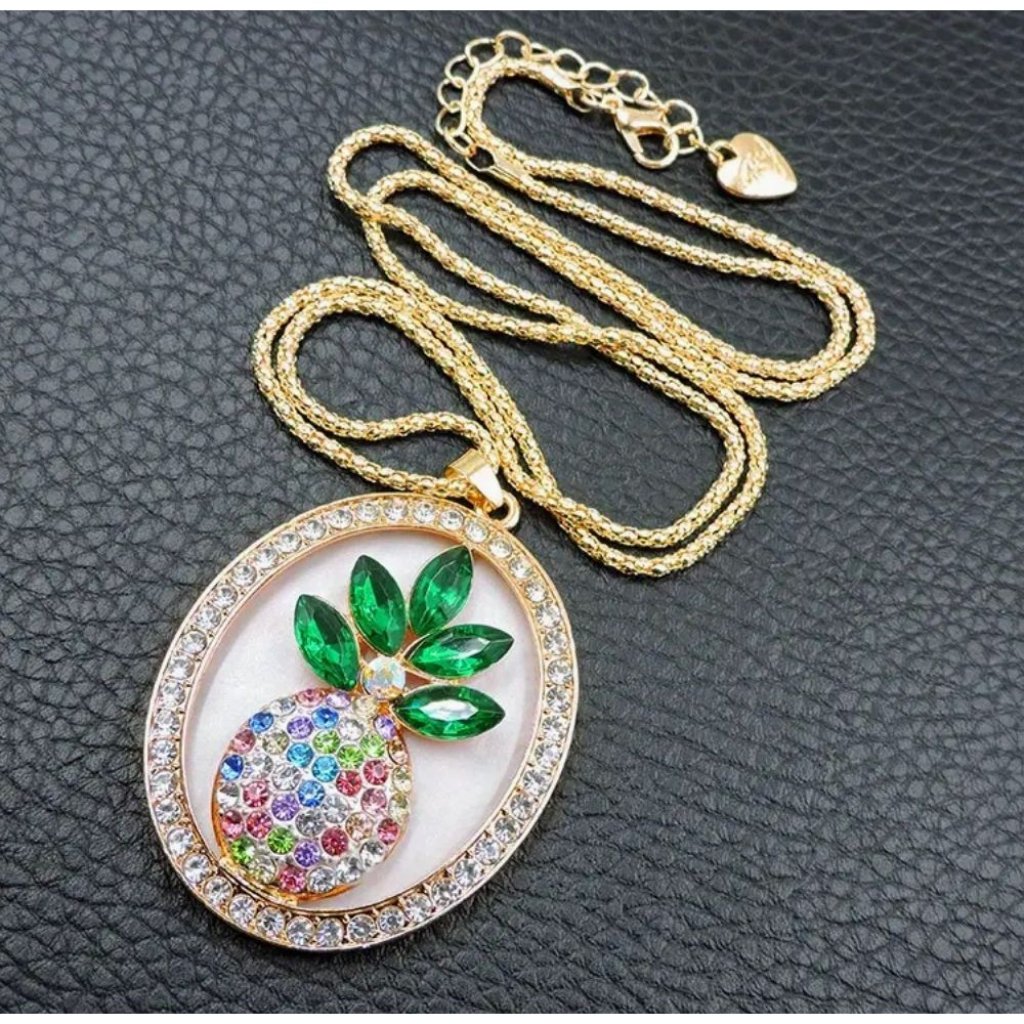 Betsey Johnson Necklace Pink Crystal Pineapple Pendant Gold Tone
